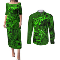 Polynesian Dolphin Valentine Day Couples Matching Puletasi and Long Sleeve Button Shirt Hibiscus and Tribal Tattoo Green Style LT03 Green - Polynesian Pride