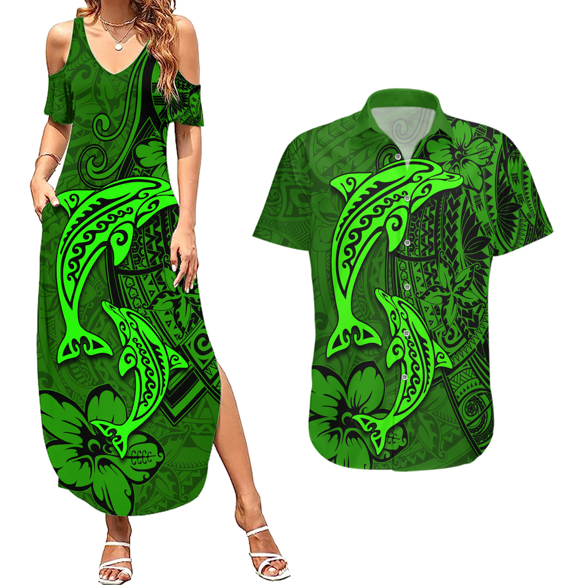 Polynesian Dolphin Valentine Day Couples Matching Summer Maxi Dress and Hawaiian Shirt Hibiscus and Tribal Tattoo Green Style LT03 Green - Polynesian Pride