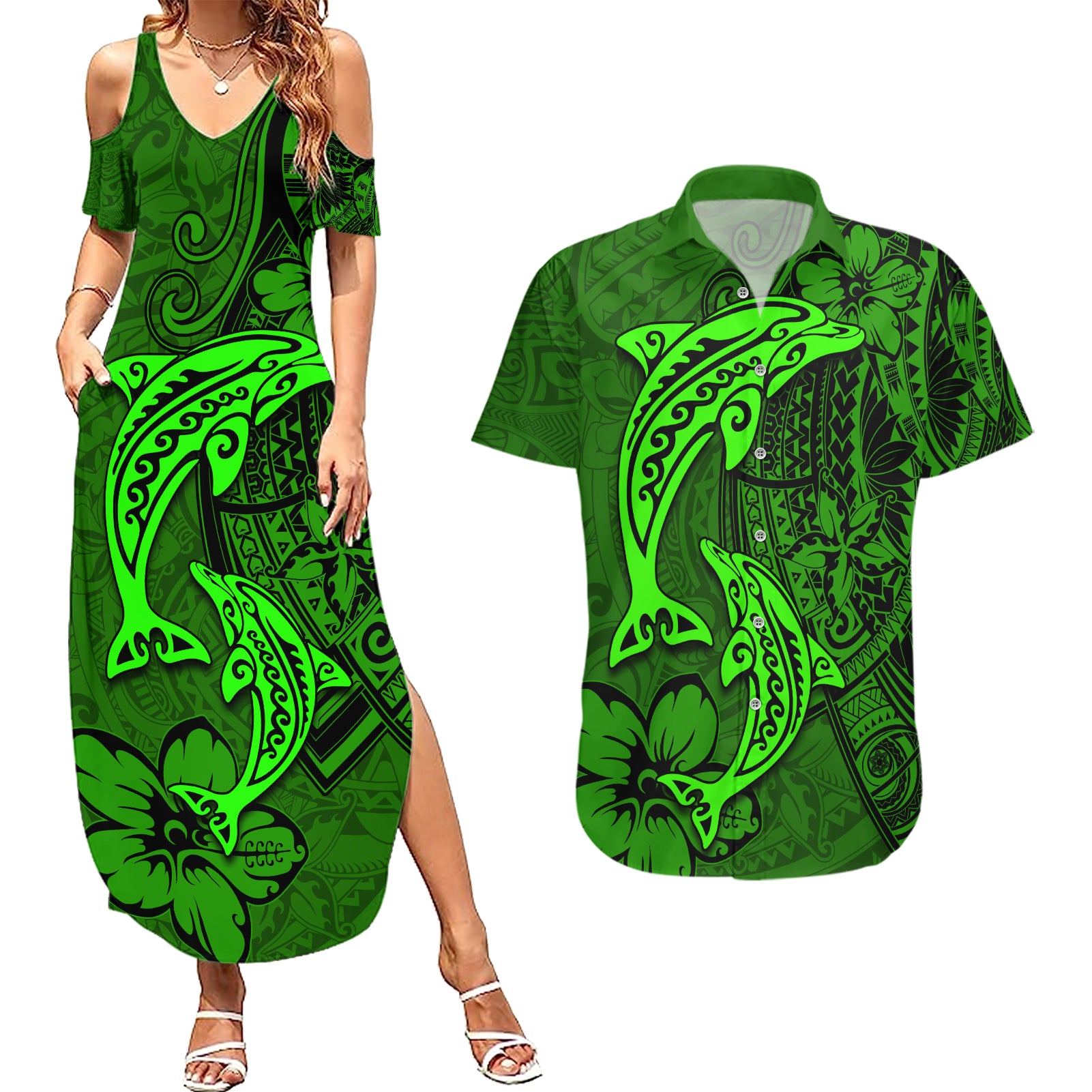 Polynesian Dolphin Valentine Day Couples Matching Summer Maxi Dress and Hawaiian Shirt Hibiscus and Tribal Tattoo Green Style LT03 Green - Polynesian Pride