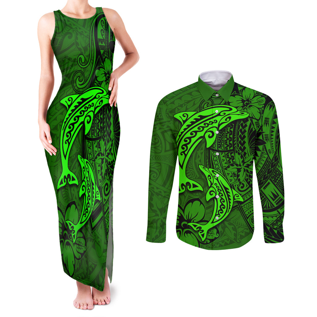 Polynesian Dolphin Valentine Day Couples Matching Tank Maxi Dress and Long Sleeve Button Shirt Hibiscus and Tribal Tattoo Green Style LT03 Green - Polynesian Pride