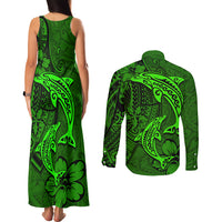Polynesian Dolphin Valentine Day Couples Matching Tank Maxi Dress and Long Sleeve Button Shirt Hibiscus and Tribal Tattoo Green Style LT03 - Polynesian Pride