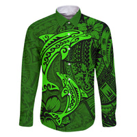 Polynesian Dolphin Valentine Day Family Matching Long Sleeve Bodycon Dress and Hawaiian Shirt Hibiscus and Tribal Tattoo Green Style LT03 Dad's Shirt - Long Sleeve Green - Polynesian Pride