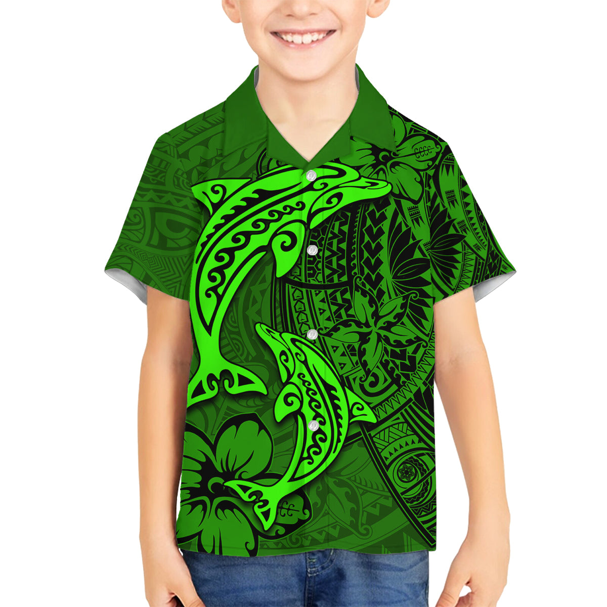 Polynesian Dolphin Valentine Day Family Matching Summer Maxi Dress and Hawaiian Shirt Hibiscus and Tribal Tattoo Green Style LT03 Son's Shirt Green - Polynesian Pride