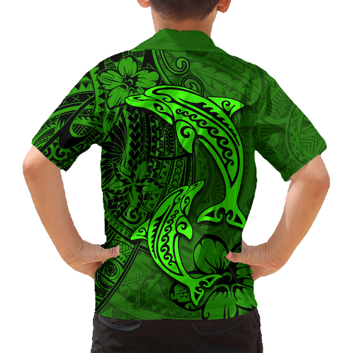 Polynesian Dolphin Valentine Day Kid Hawaiian Shirt Hibiscus and Tribal Tattoo Green Style LT03 - Polynesian Pride