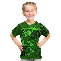 Polynesian Dolphin Valentine Day Kid T Shirt Hibiscus and Tribal Tattoo Green Style LT03 Green - Polynesian Pride