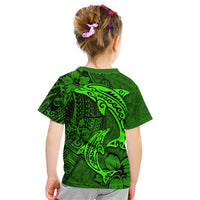 Polynesian Dolphin Valentine Day Kid T Shirt Hibiscus and Tribal Tattoo Green Style LT03 - Polynesian Pride