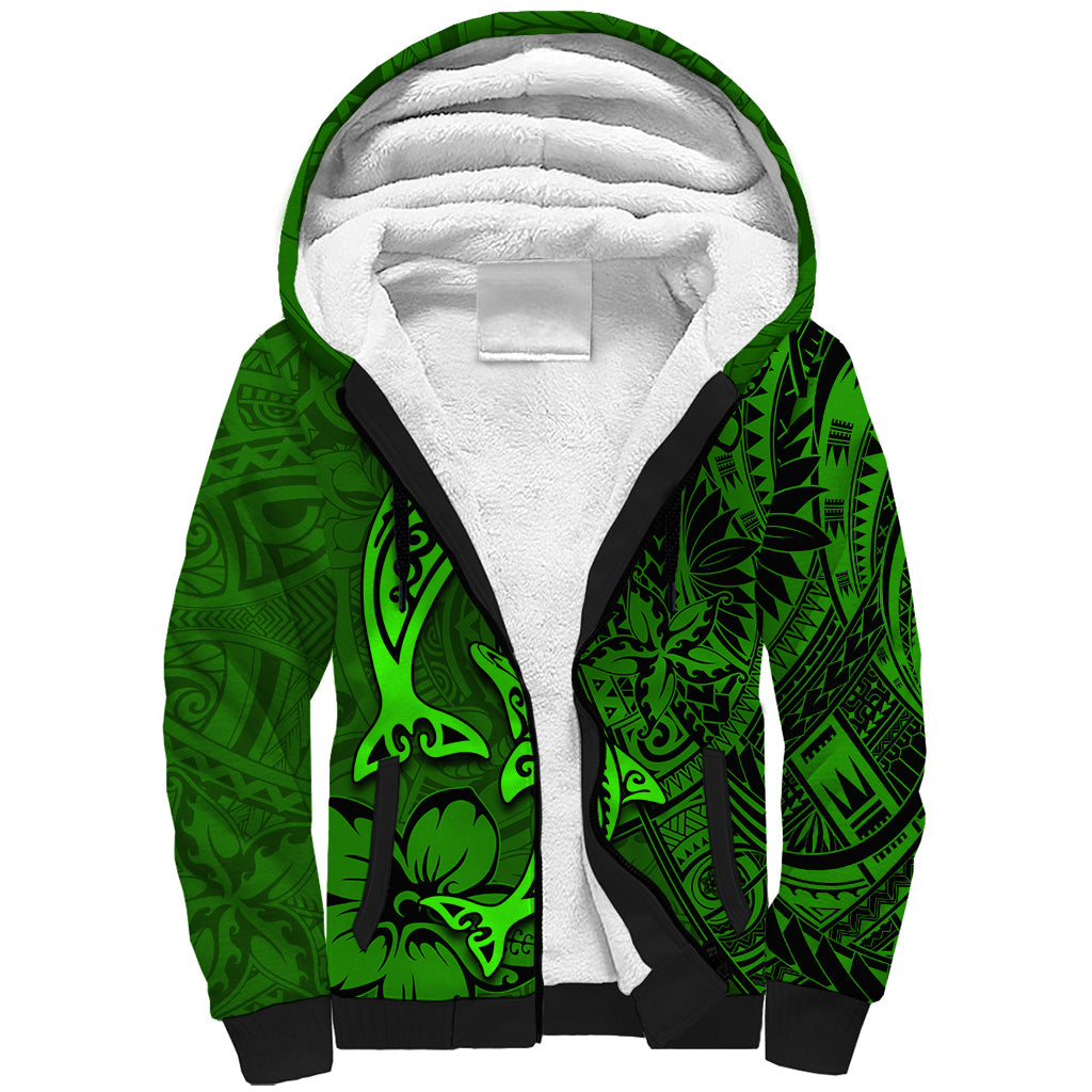 Polynesian Dolphin Valentine Day Sherpa Hoodie Hibiscus and Tribal Tattoo Green Style LT03 Unisex Green - Polynesian Pride