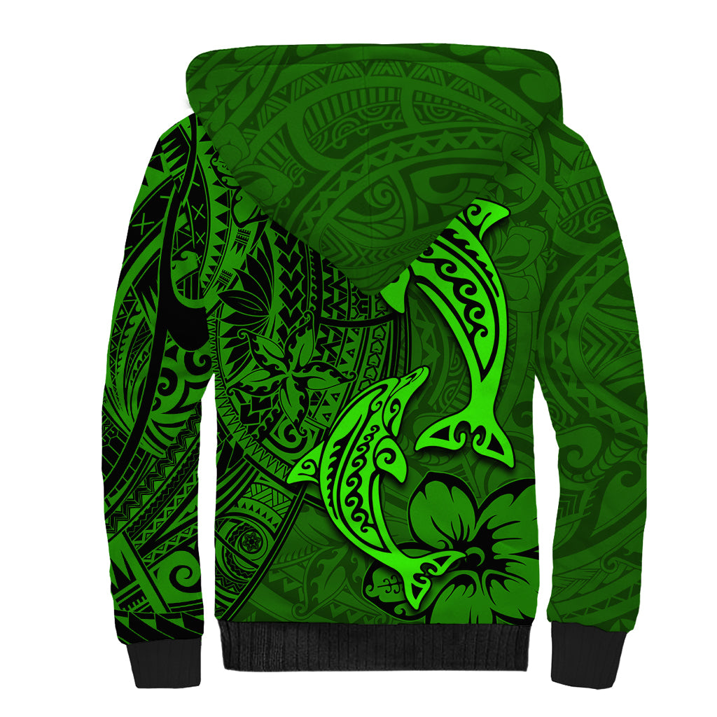 Polynesian Dolphin Valentine Day Sherpa Hoodie Hibiscus and Tribal Tattoo Green Style LT03 - Polynesian Pride