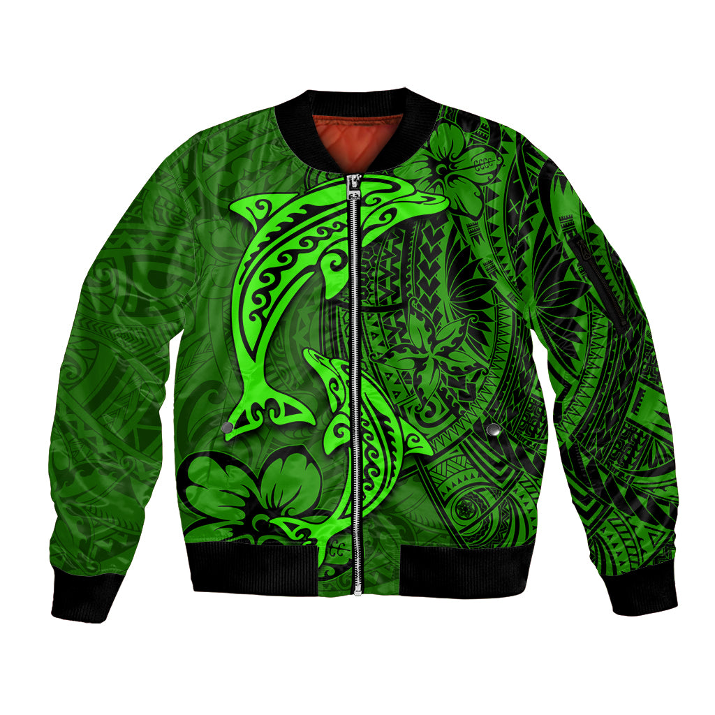 Polynesian Dolphin Valentine Day Sleeve Zip Bomber Jacket Hibiscus and Tribal Tattoo Green Style LT03 Unisex Green - Polynesian Pride
