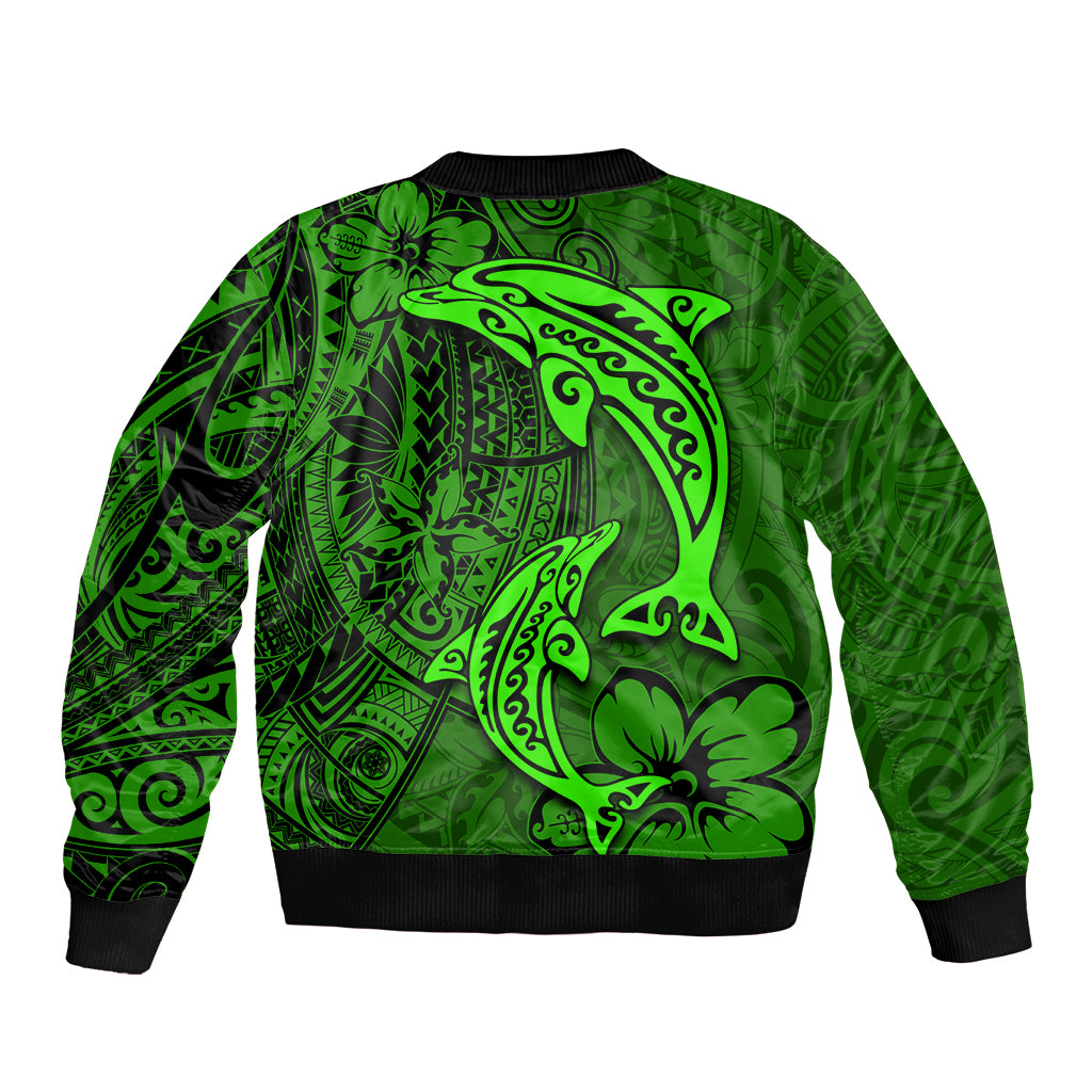 Polynesian Dolphin Valentine Day Sleeve Zip Bomber Jacket Hibiscus and Tribal Tattoo Green Style LT03 - Polynesian Pride