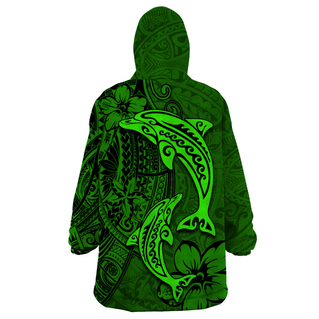 Polynesian Dolphin Valentine Day Wearable Blanket Hoodie Hibiscus and Tribal Tattoo Green Style LT03 - Polynesian Pride
