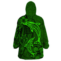 Polynesian Dolphin Valentine Day Wearable Blanket Hoodie Hibiscus and Tribal Tattoo Green Style LT03 - Polynesian Pride