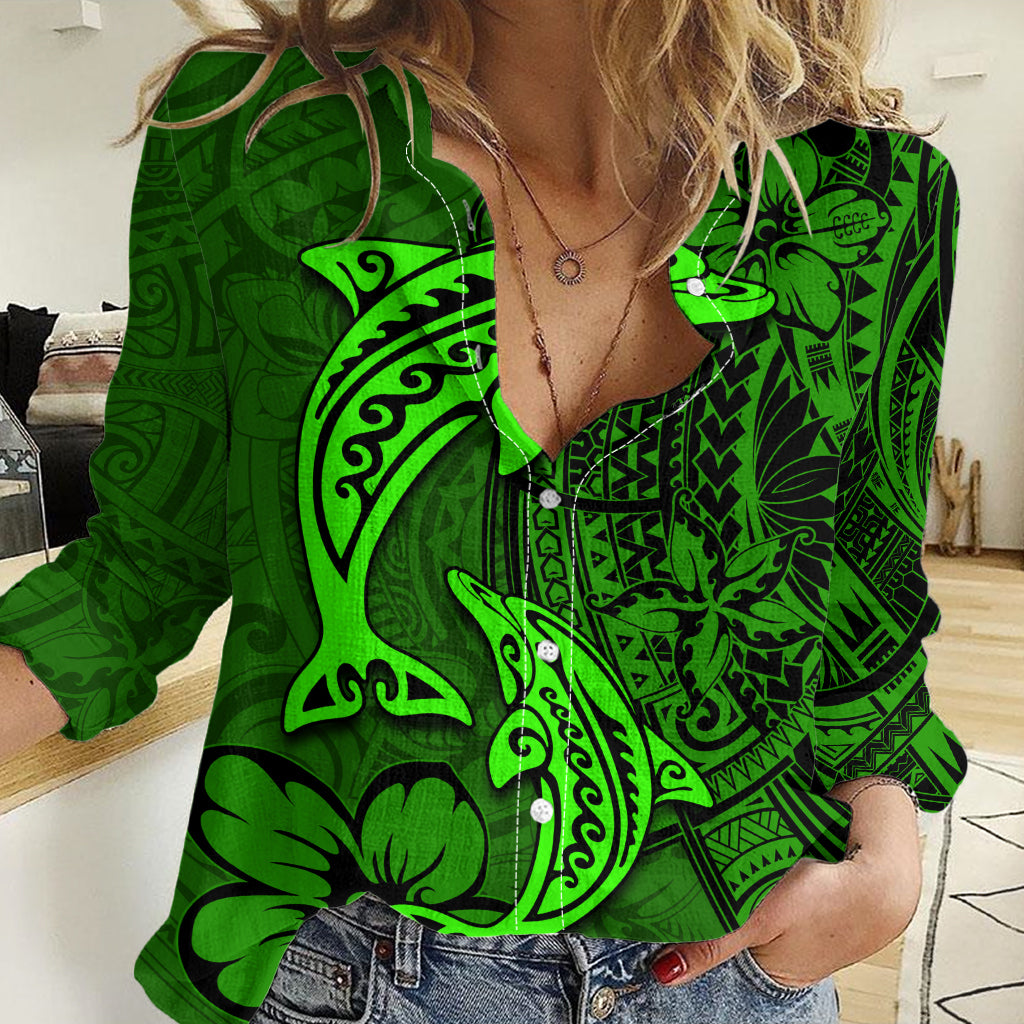 Polynesian Dolphin Valentine Day Women Casual Shirt Hibiscus and Tribal Tattoo Green Style LT03 Female Green - Polynesian Pride