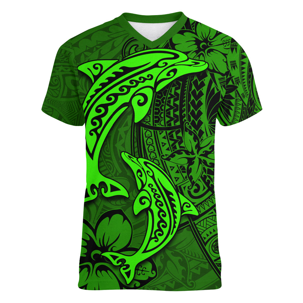 Polynesian Dolphin Valentine Day Women V Neck T Shirt Hibiscus and Tribal Tattoo Green Style LT03 Female Green - Polynesian Pride