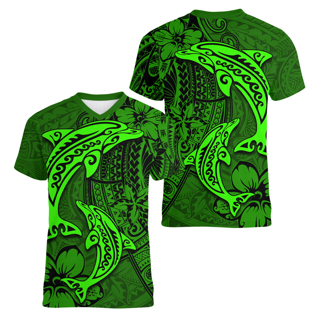 Polynesian Dolphin Valentine Day Women V Neck T Shirt Hibiscus and Tribal Tattoo Green Style LT03 - Polynesian Pride