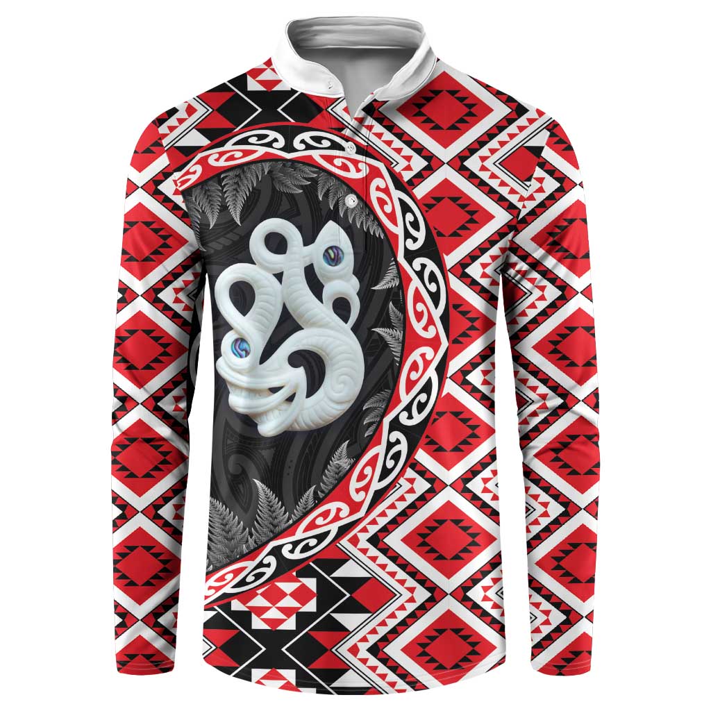 Red Taniko Motif Aotearoa Manaia and Silver Fern Button Sweatshirt