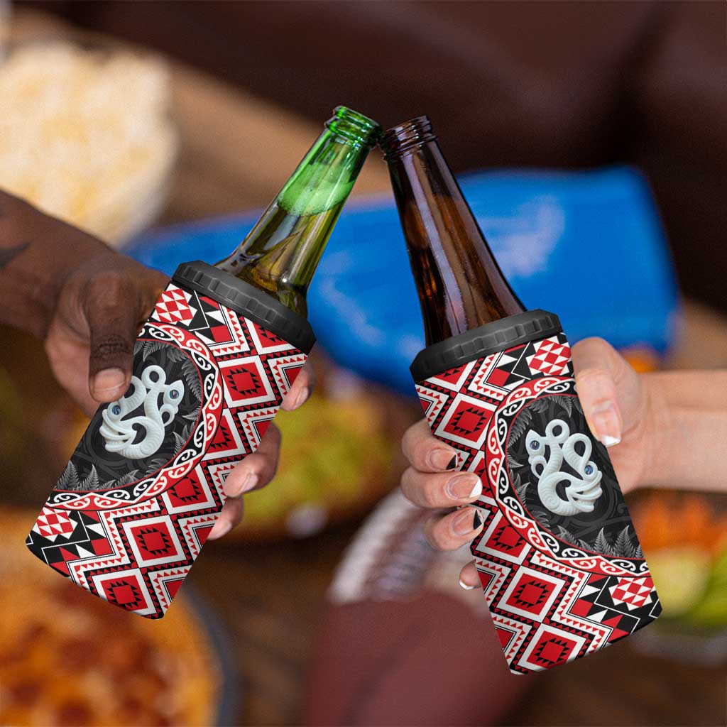 Red Taniko Motif Aotearoa Manaia and Silver Fern 4 in 1 Can Cooler Tumbler