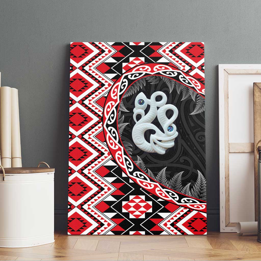 Red Taniko Motif Aotearoa Manaia and Silver Fern Canvas Wall Art