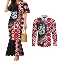 Red Taniko Motif Aotearoa Manaia and Silver Fern Couples Matching Mermaid Dress and Long Sleeve Button Shirt