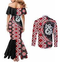 Red Taniko Motif Aotearoa Manaia and Silver Fern Couples Matching Mermaid Dress and Long Sleeve Button Shirt