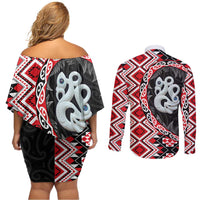 Red Taniko Motif Aotearoa Manaia and Silver Fern Couples Matching Off Shoulder Short Dress and Long Sleeve Button Shirt