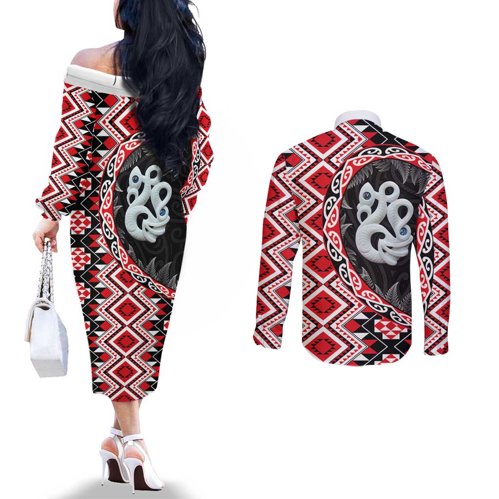 Red Taniko Motif Aotearoa Manaia and Silver Fern Couples Matching Off The Shoulder Long Sleeve Dress and Long Sleeve Button Shirt