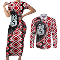 Red Taniko Motif Aotearoa Manaia and Silver Fern Couples Matching Short Sleeve Bodycon Dress and Long Sleeve Button Shirt