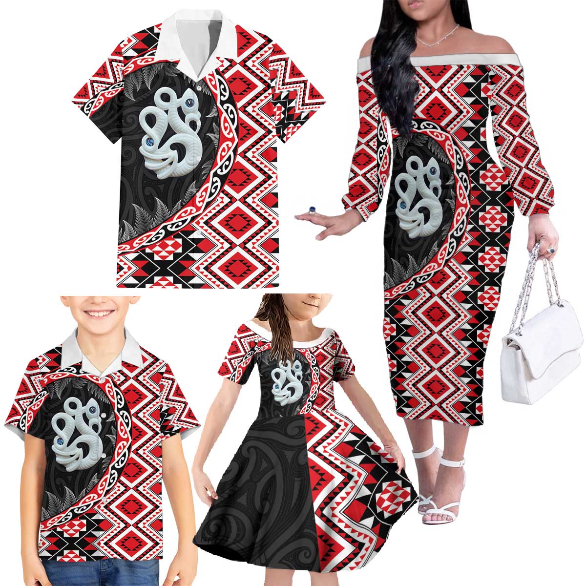 Red Taniko Motif Aotearoa Manaia and Silver Fern Family Matching Off The Shoulder Long Sleeve Dress and Hawaiian Shirt