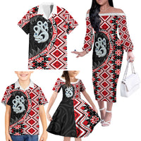 Red Taniko Motif Aotearoa Manaia and Silver Fern Family Matching Off The Shoulder Long Sleeve Dress and Hawaiian Shirt