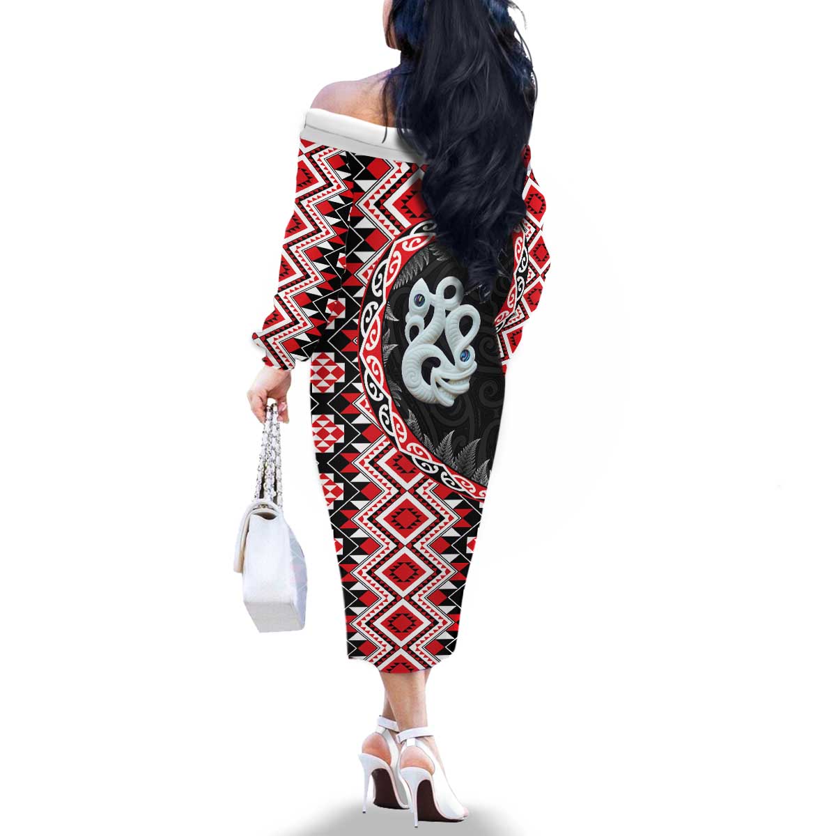 Red Taniko Motif Aotearoa Manaia and Silver Fern Family Matching Off The Shoulder Long Sleeve Dress and Hawaiian Shirt