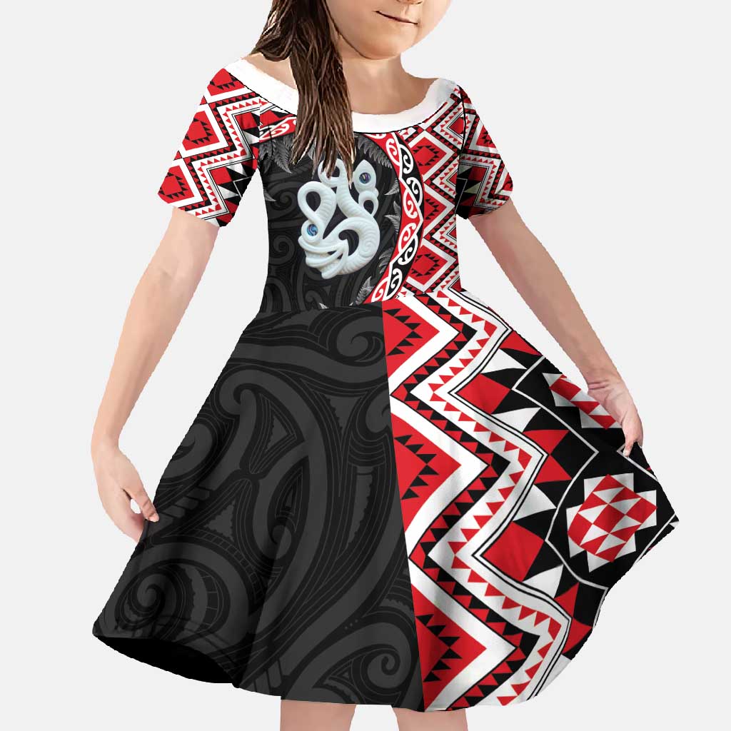 Red Taniko Motif Aotearoa Manaia and Silver Fern Family Matching Off Shoulder Maxi Dress and Hawaiian Shirt