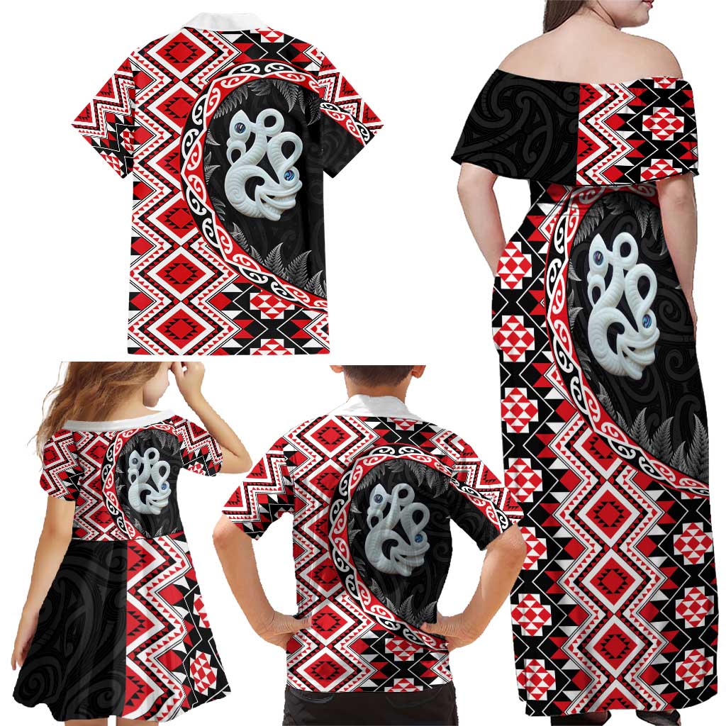 Red Taniko Motif Aotearoa Manaia and Silver Fern Family Matching Off Shoulder Maxi Dress and Hawaiian Shirt