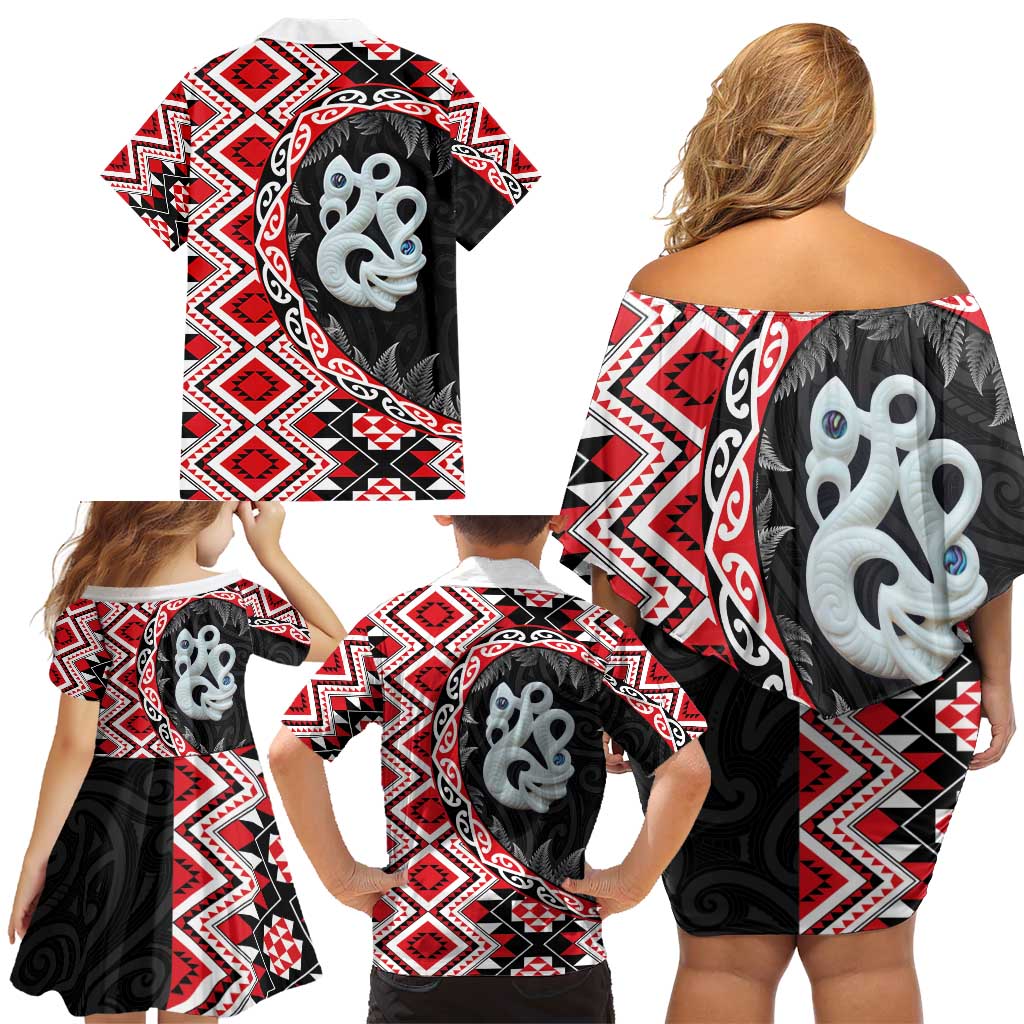 Red Taniko Motif Aotearoa Manaia and Silver Fern Family Matching Off Shoulder Short Dress and Hawaiian Shirt