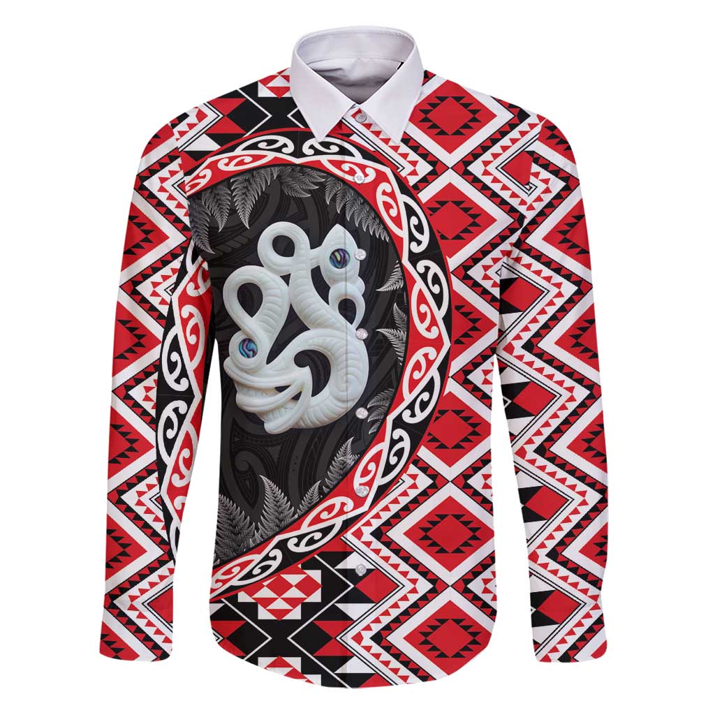 Red Taniko Motif Aotearoa Manaia and Silver Fern Family Matching Puletasi and Hawaiian Shirt