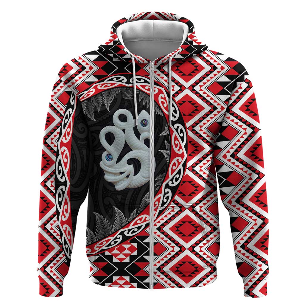 Red Taniko Motif Aotearoa Manaia and Silver Fern Hoodie