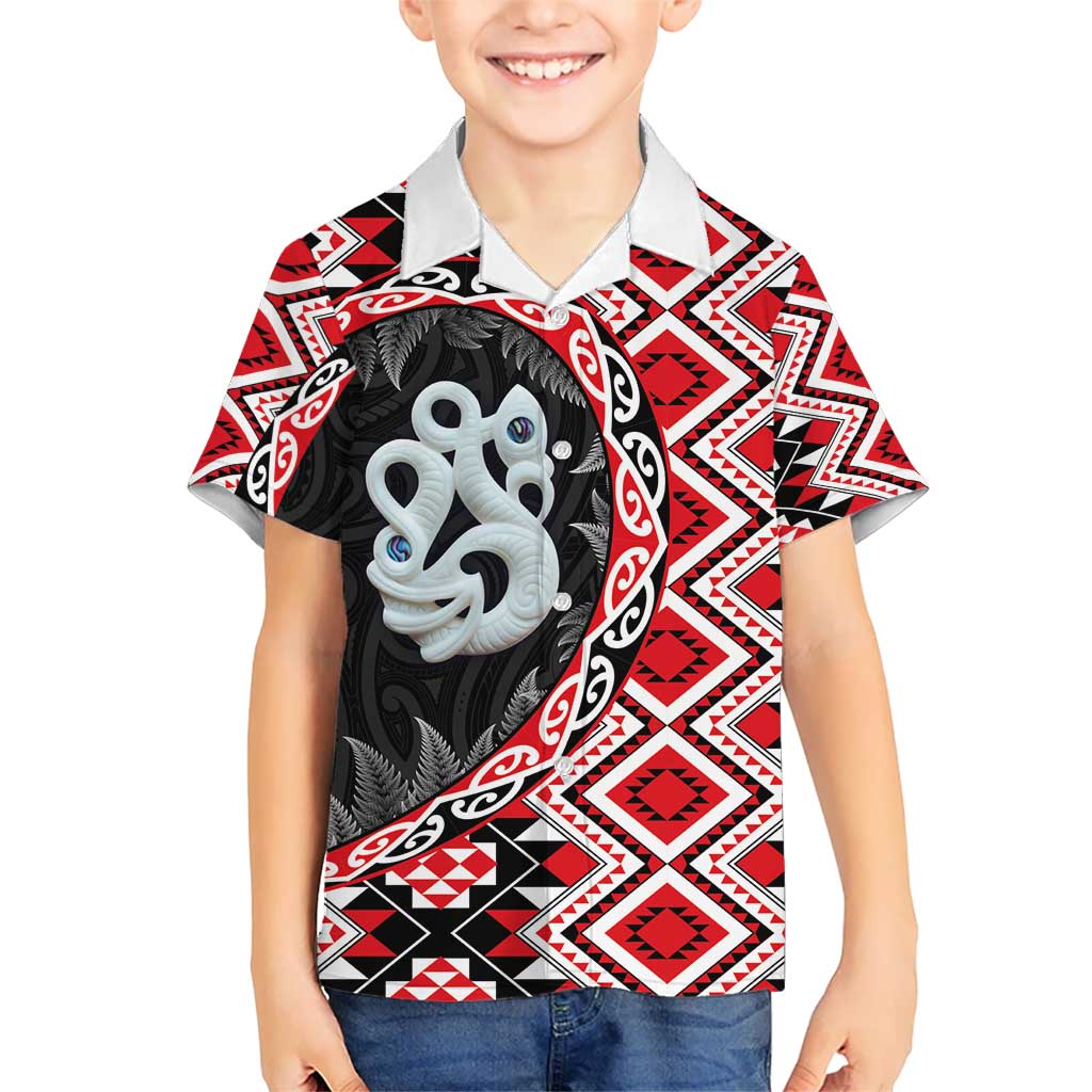 Red Taniko Motif Aotearoa Manaia and Silver Fern Kid Hawaiian Shirt