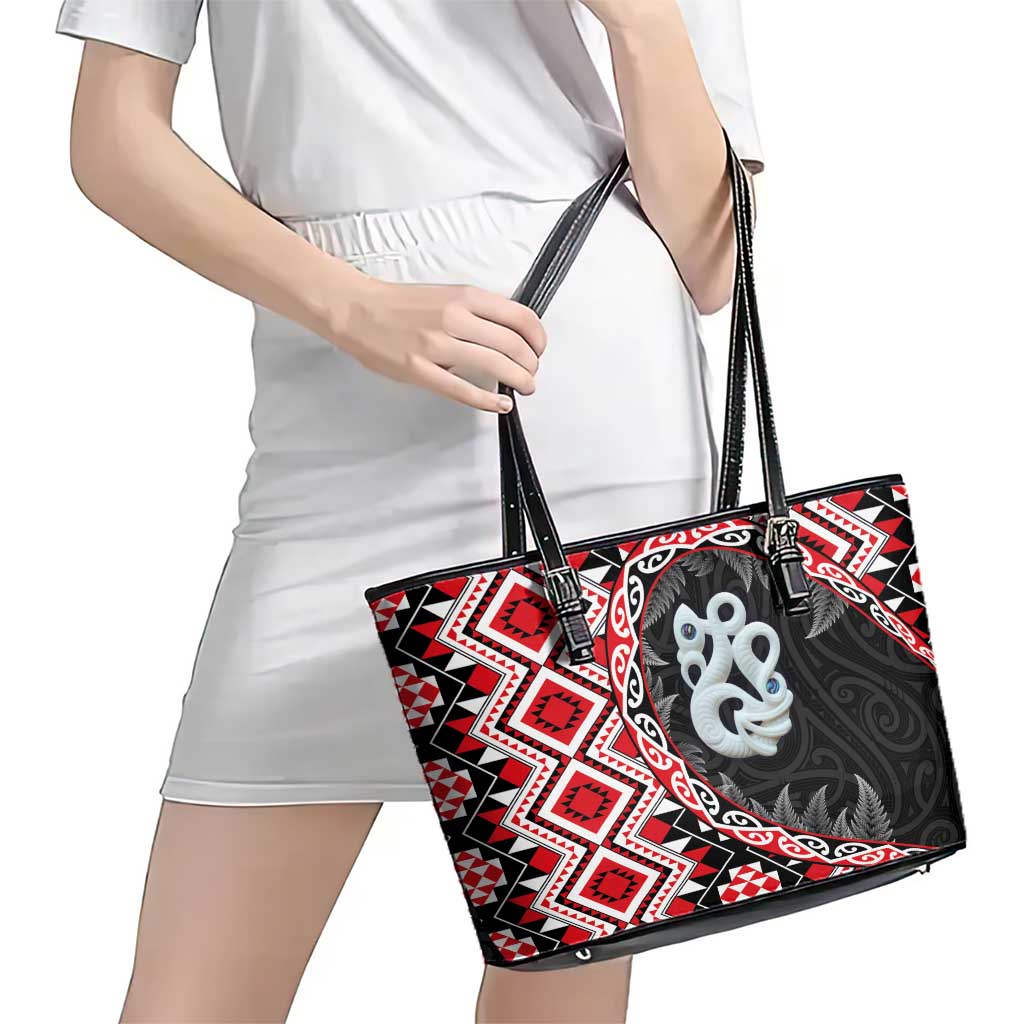 Red Taniko Motif Aotearoa Manaia and Silver Fern Leather Tote Bag