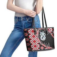 Red Taniko Motif Aotearoa Manaia and Silver Fern Leather Tote Bag
