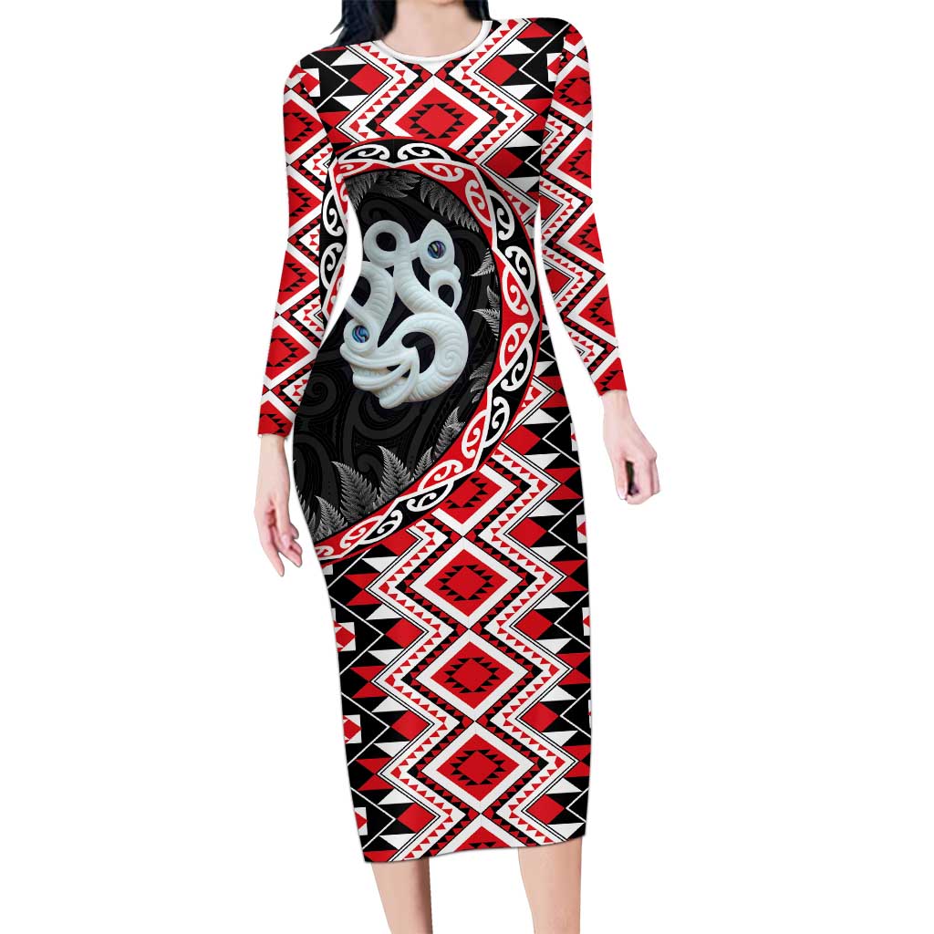 Red Taniko Motif Aotearoa Manaia and Silver Fern Long Sleeve Bodycon Dress