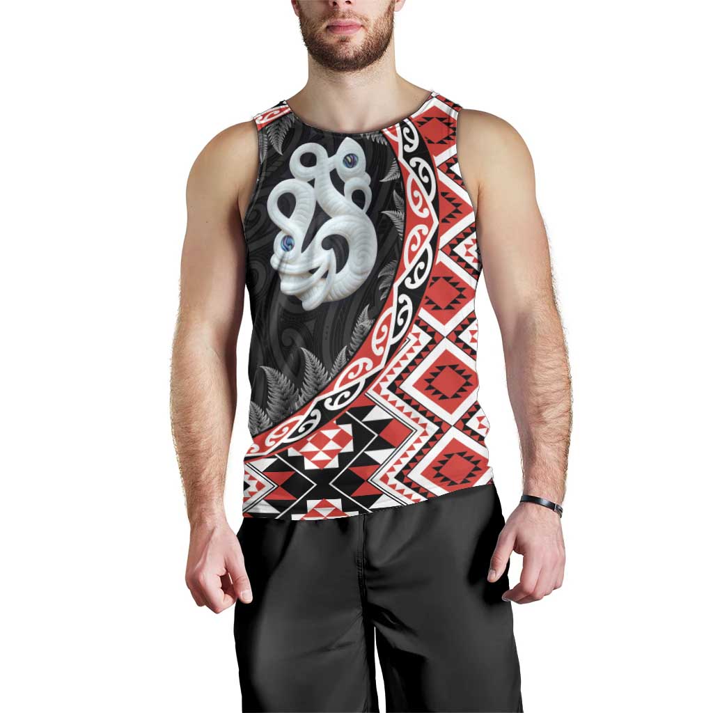 Red Taniko Motif Aotearoa Manaia and Silver Fern Men Tank Top