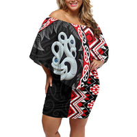 Red Taniko Motif Aotearoa Manaia and Silver Fern Off Shoulder Short Dress