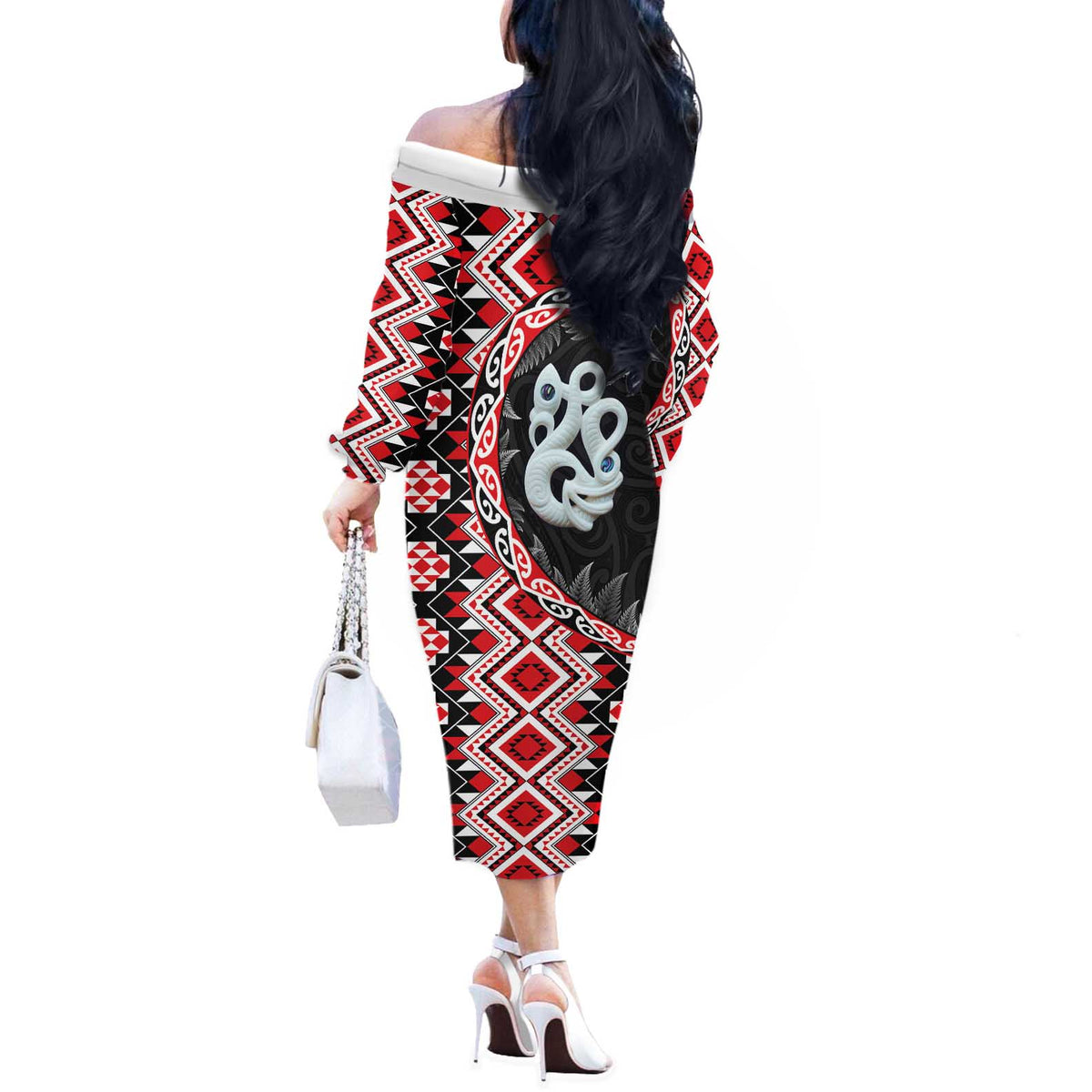 Red Taniko Motif Aotearoa Manaia and Silver Fern Off The Shoulder Long Sleeve Dress