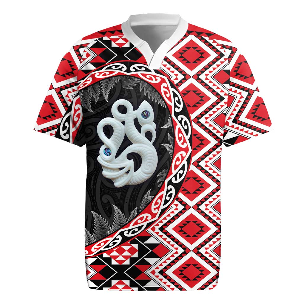 Red Taniko Motif Aotearoa Manaia and Silver Fern Rugby Jersey