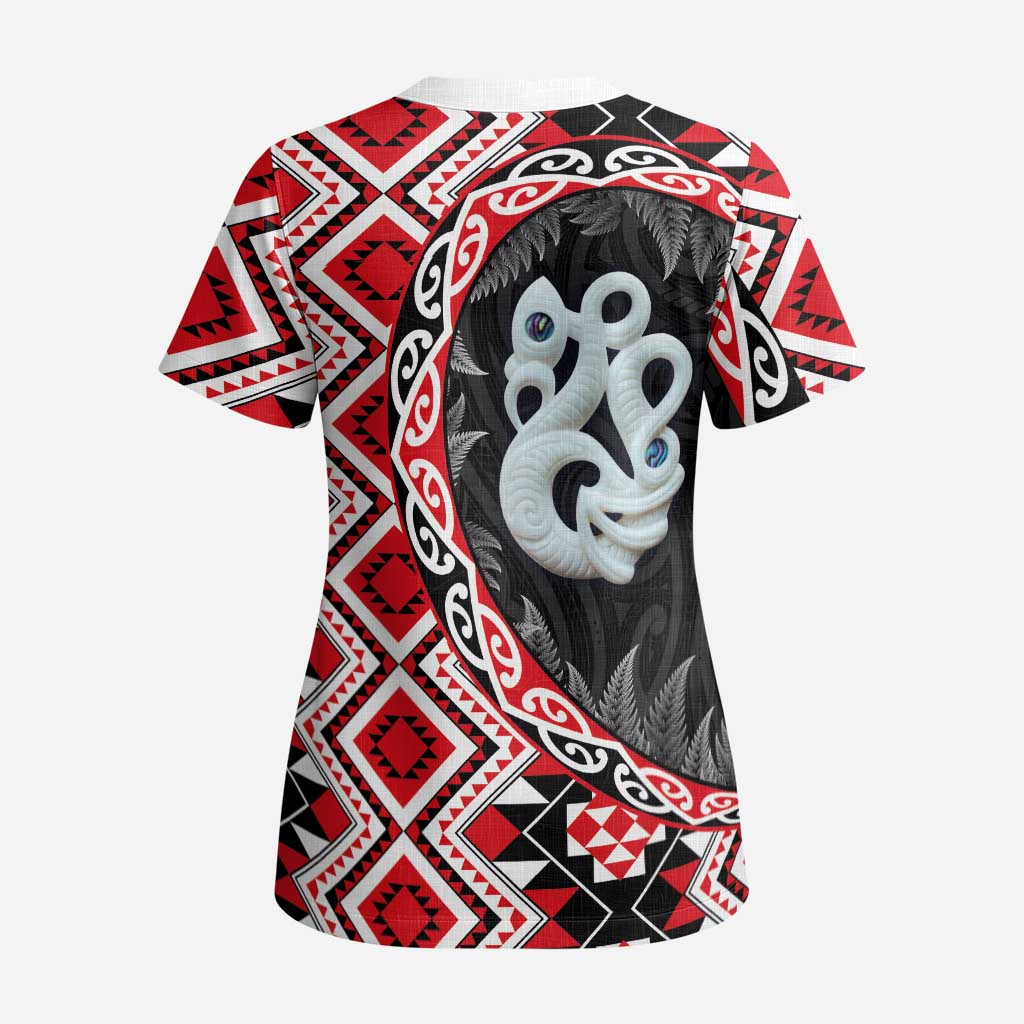 Red Taniko Motif Aotearoa Manaia and Silver Fern Scrub Top - Polynesian Pride
