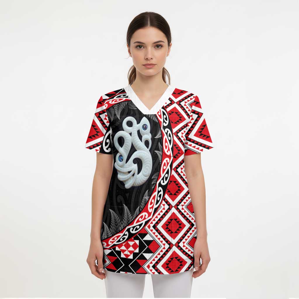 Red Taniko Motif Aotearoa Manaia and Silver Fern Scrub Top - Polynesian Pride