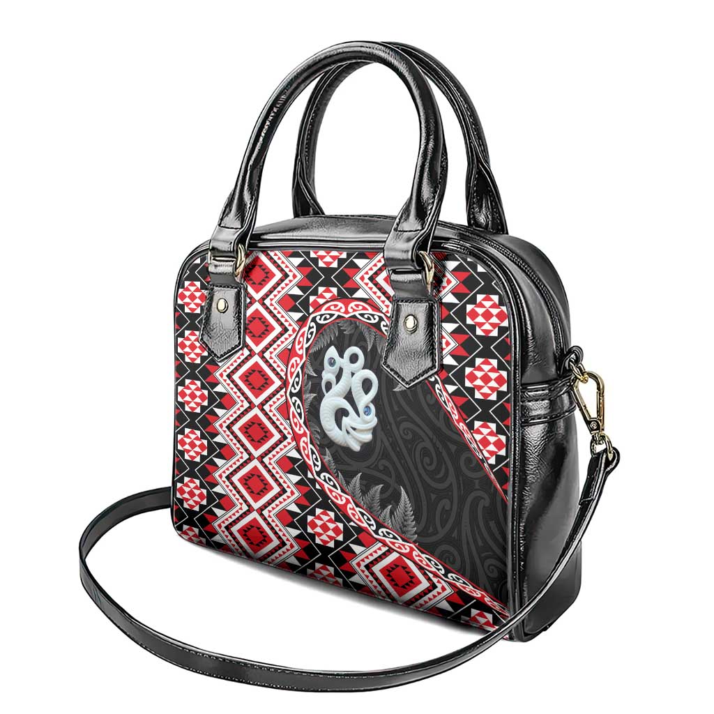 Red Taniko Motif Aotearoa Manaia and Silver Fern Shoulder Handbag
