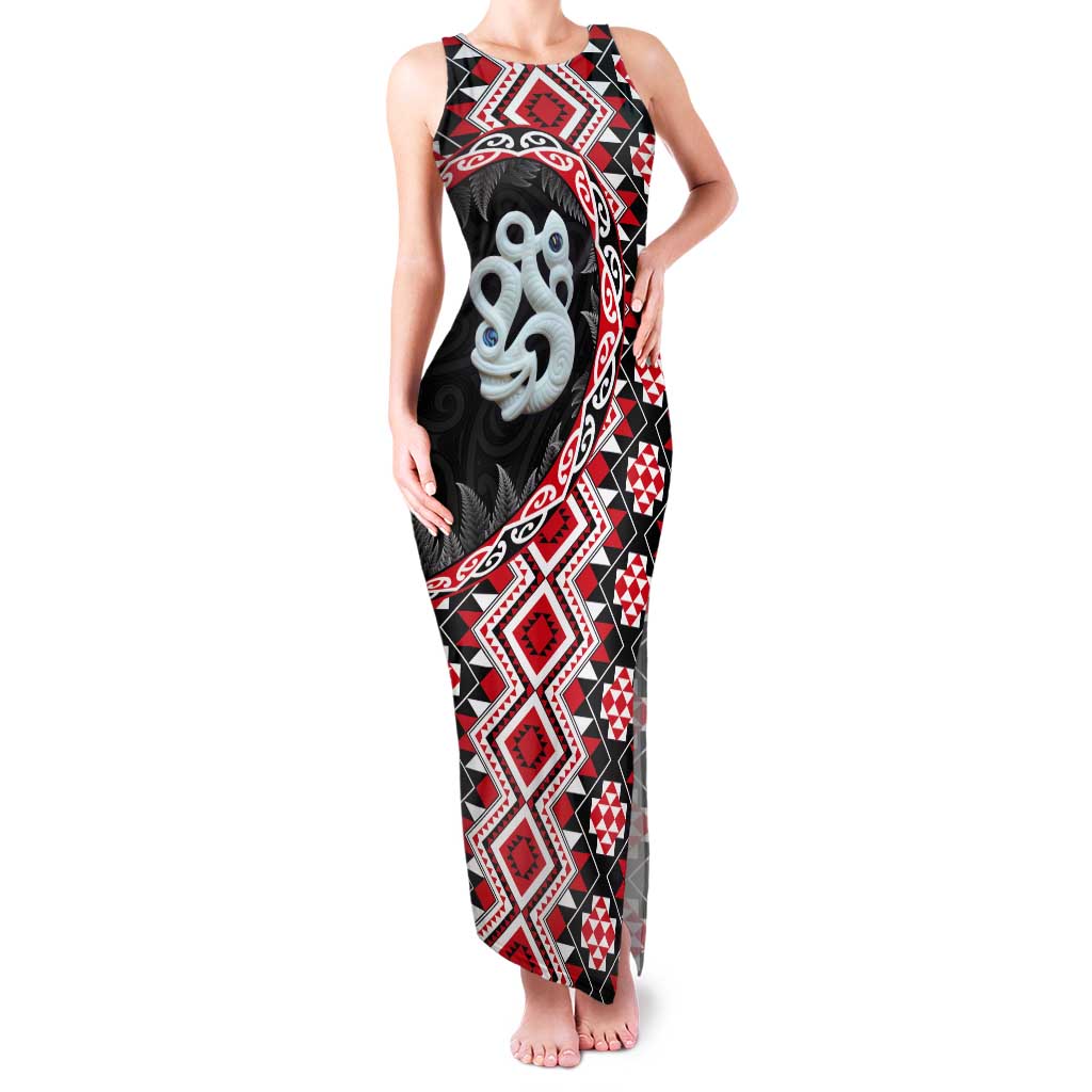 Red Taniko Motif Aotearoa Manaia and Silver Fern Tank Maxi Dress