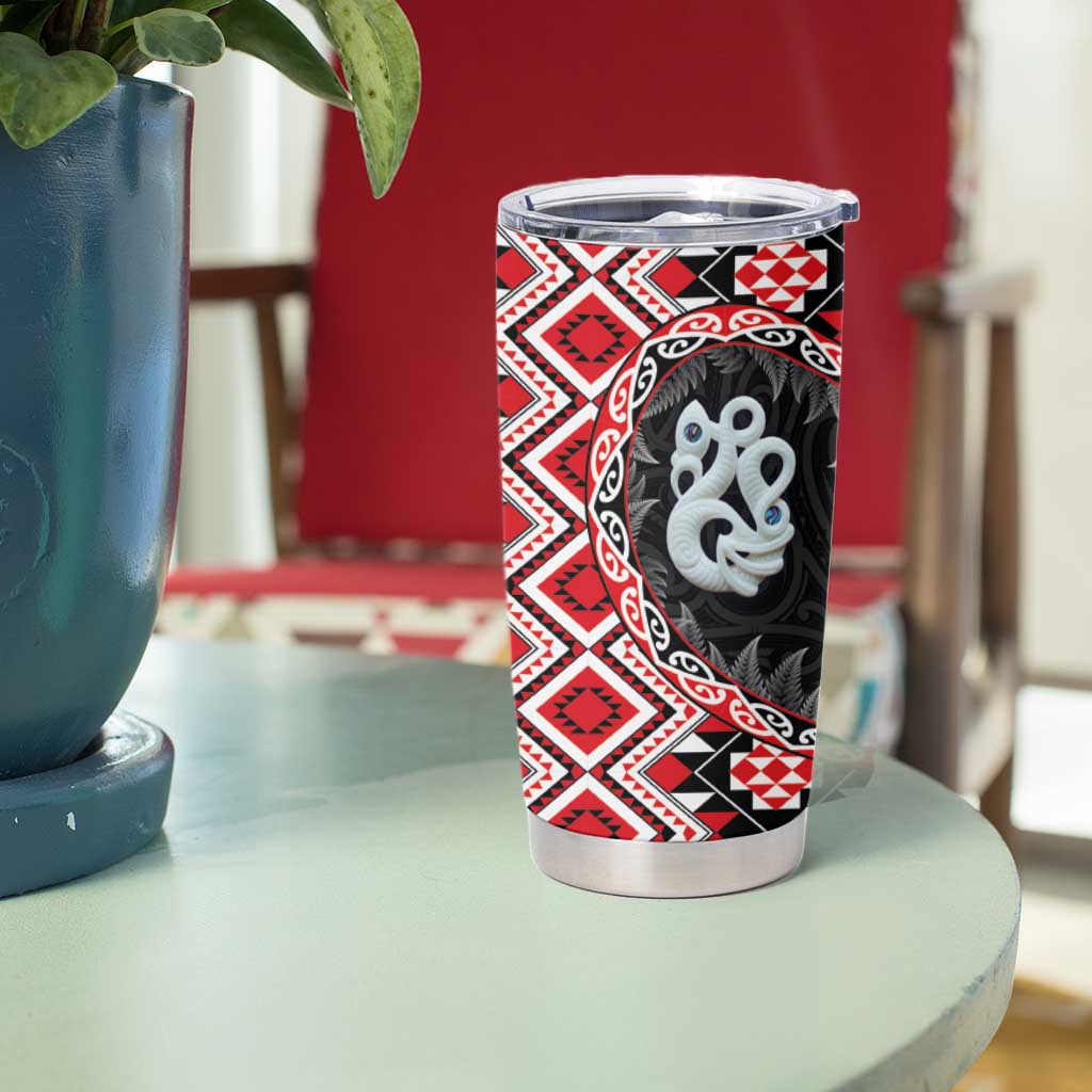 Red Taniko Motif Aotearoa Manaia and Silver Fern Tumbler Cup