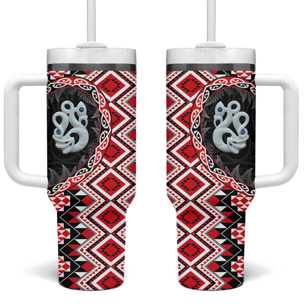 Red Taniko Motif Aotearoa Manaia and Silver Fern Tumbler With Handle