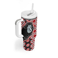 Red Taniko Motif Aotearoa Manaia and Silver Fern Tumbler With Handle